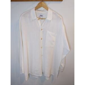 FLAX White Linen Button Down Shirt Size Medium Oversized Vintage Boho Natural